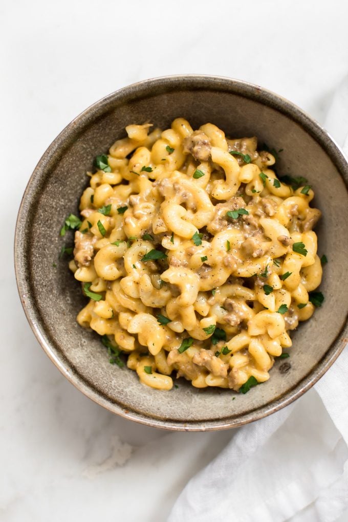 earthenware bowl of Instant Pot hamburger mac and cheese