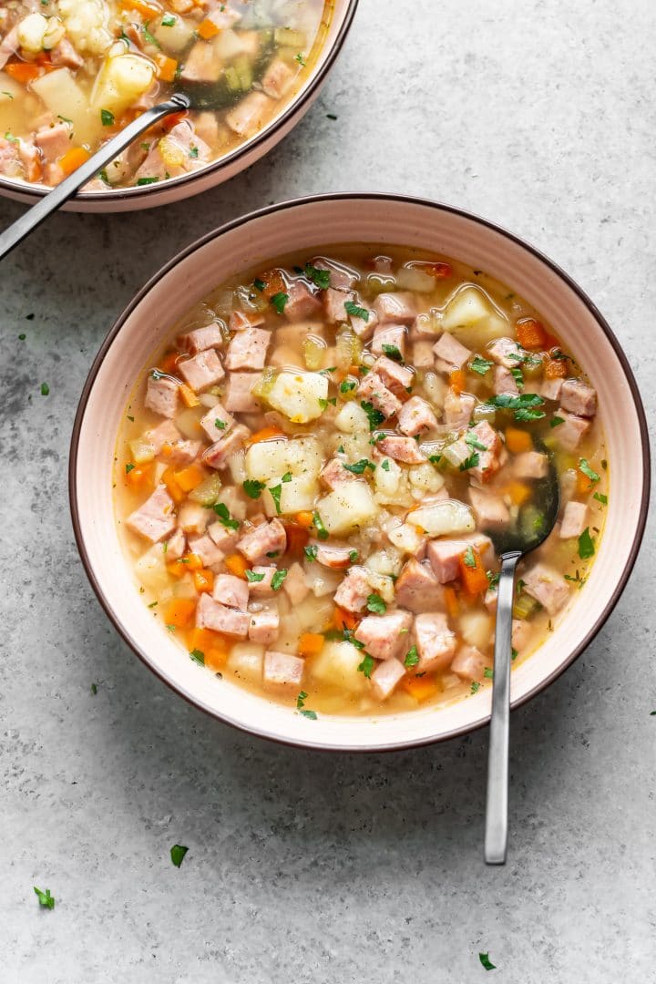 electric pressure cooker ham and potato soup (in two bowls)