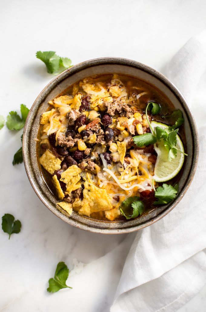 easy Instant Pot taco soup in a stoneware bowl