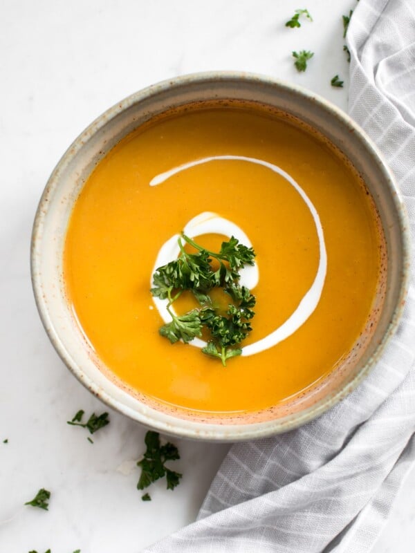 This Instant Pot sweet potato soup is easy to make, naturally creamy, and deliciously sweet. The perfect warming soup for winter or fall.