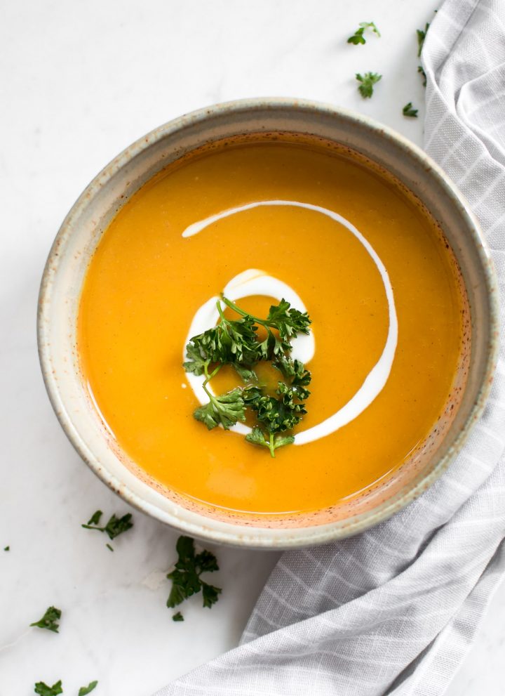 This Instant Pot sweet potato soup is easy to make, naturally creamy, and deliciously sweet. The perfect warming soup for winter or fall.