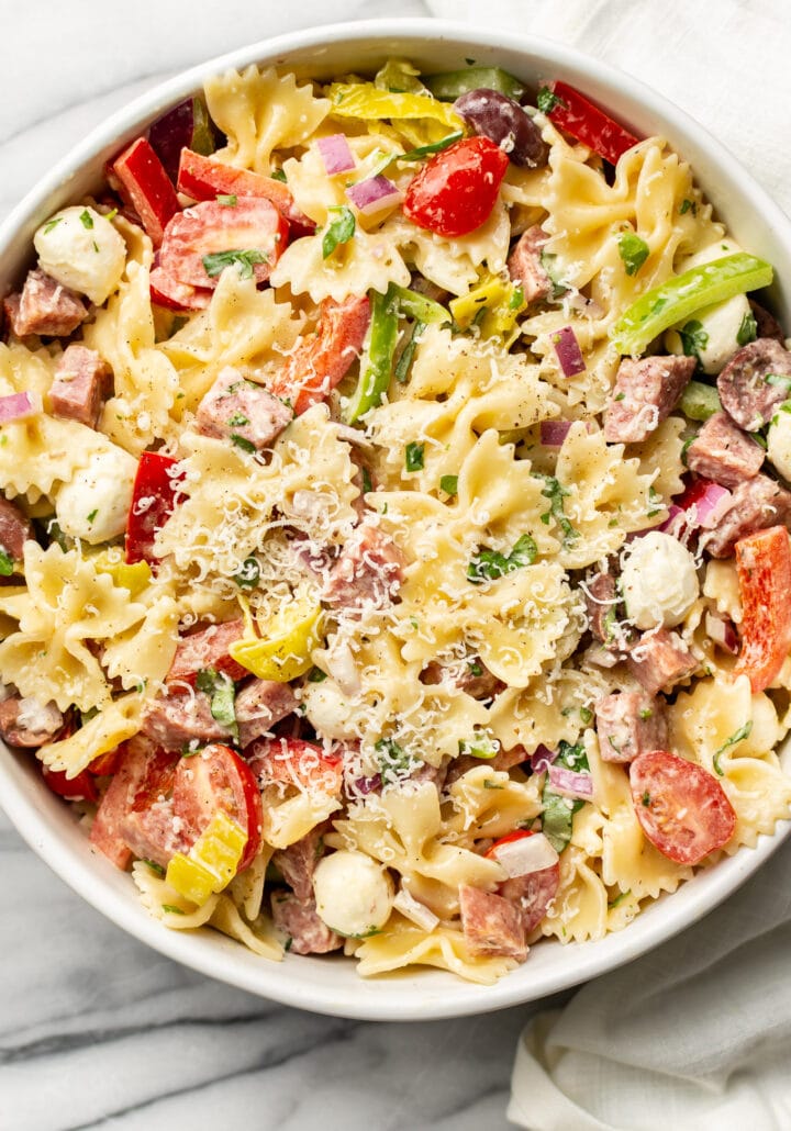 a bowl of italian pasta salad