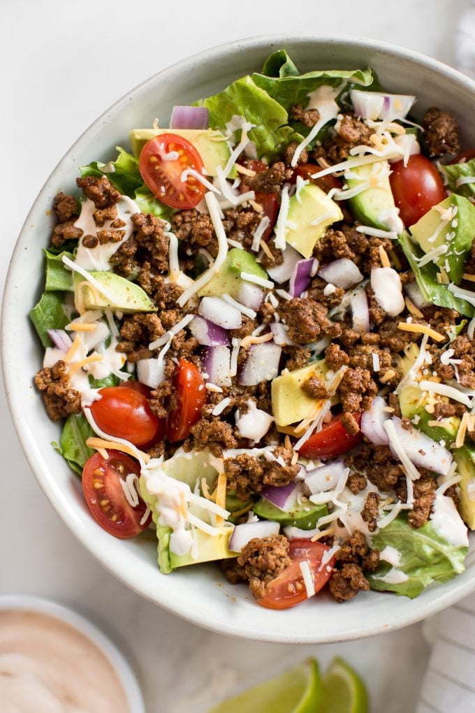 close-up of low carb taco salad in a white bowl