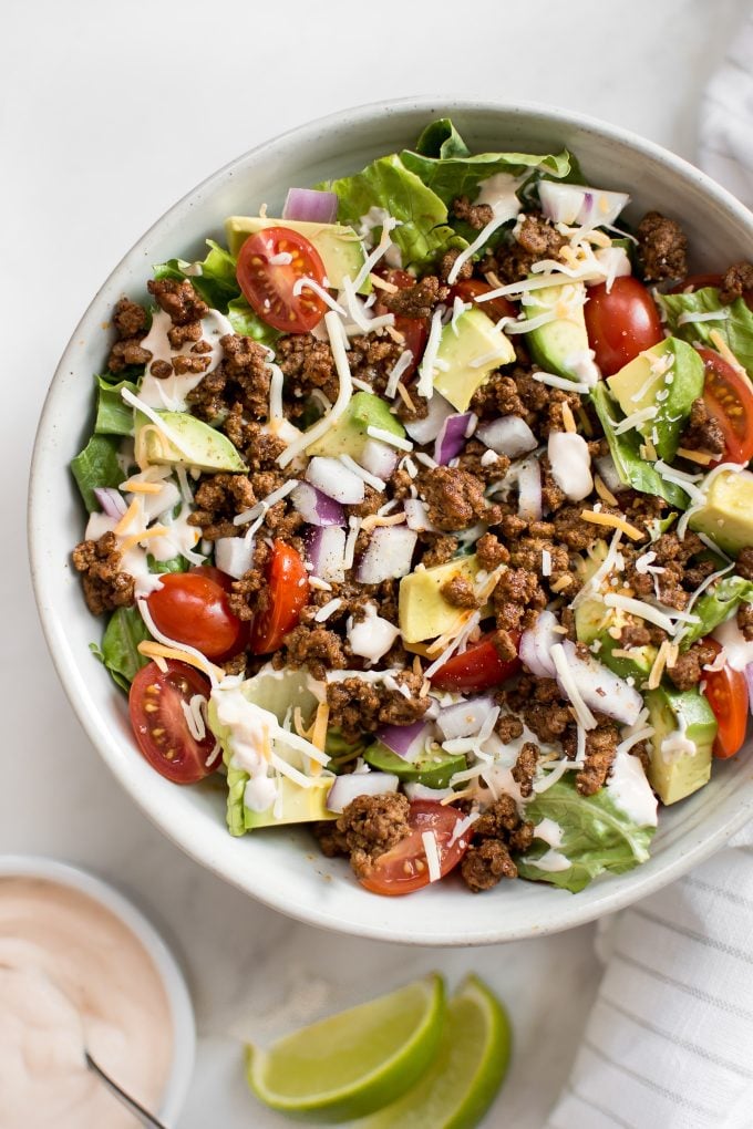 low-carb southwest beef taco salad with avocado in a bowl