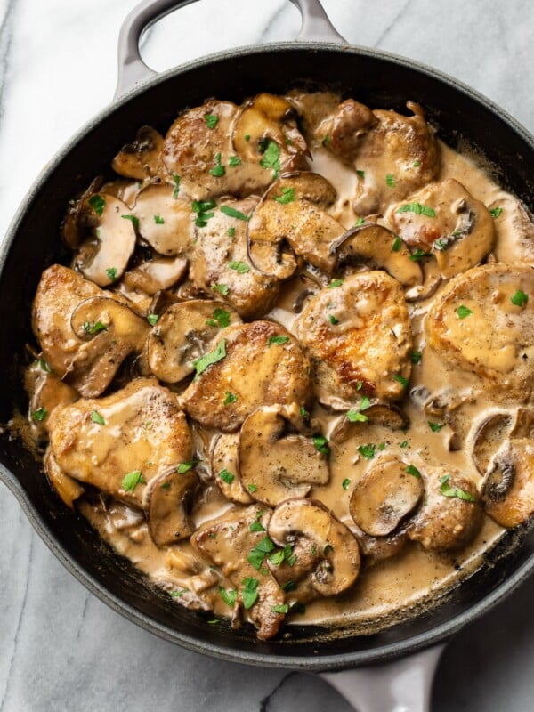 creamy balsamic pork tenderloin in a skillet