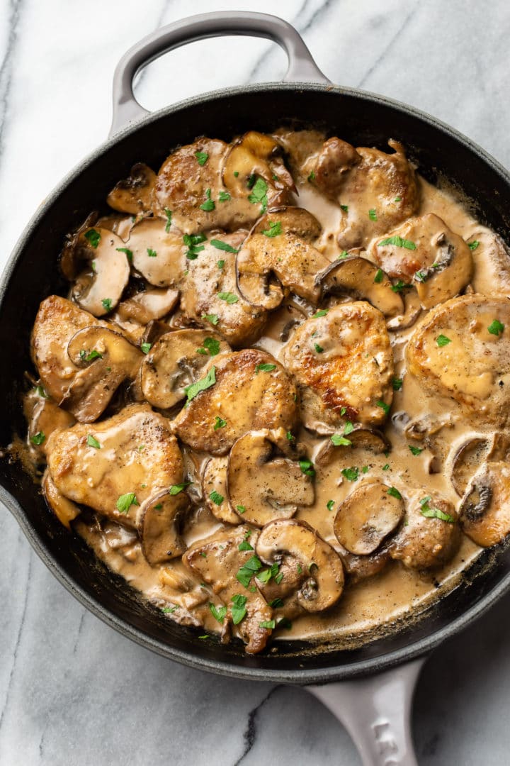 creamy balsamic pork tenderloin in a skillet