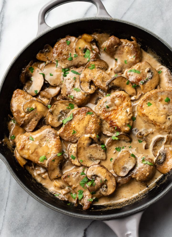 creamy balsamic pork tenderloin in a skillet