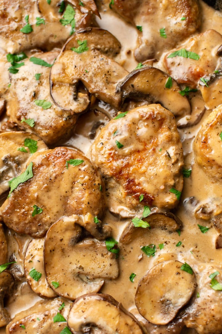 close-up of creamy balsamic pork tenderloin medallions