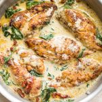 Tender chicken breasts smothered in a creamy Tuscan sauce - an easy chicken skillet dinner that's perfect for busy weeknights. The whole family will love the sun-dried tomato, basil, spinach, and garlic sauce.
