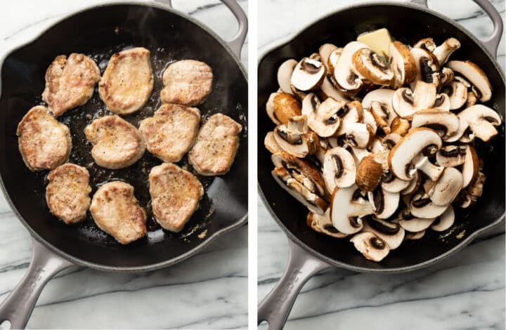 searing pork in a skillet and then cooking mushrooms