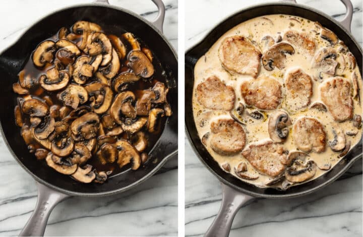 cooking mushrooms in a skillet and making cream sauce for pork tenderloin