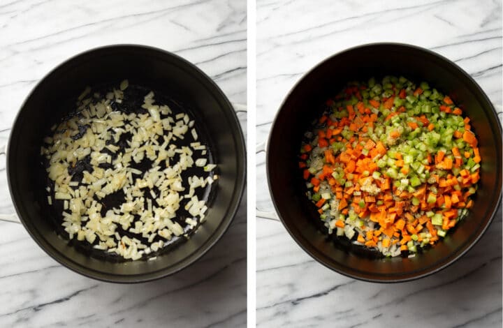 carrots, onion, and celery in a soup pot