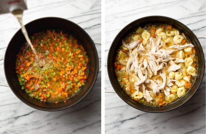 adding in broth, chicken, and pasta for chicken tortellini soup