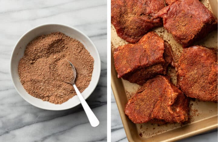 a bowl of seasoning rub and applying to pork