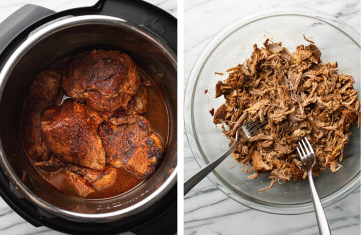 taking pork out of an instant pot and shredding it in a mixing bowl with forks