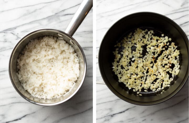 making rice and frying onions and garlic in a soup pot for stuffed pepper soup