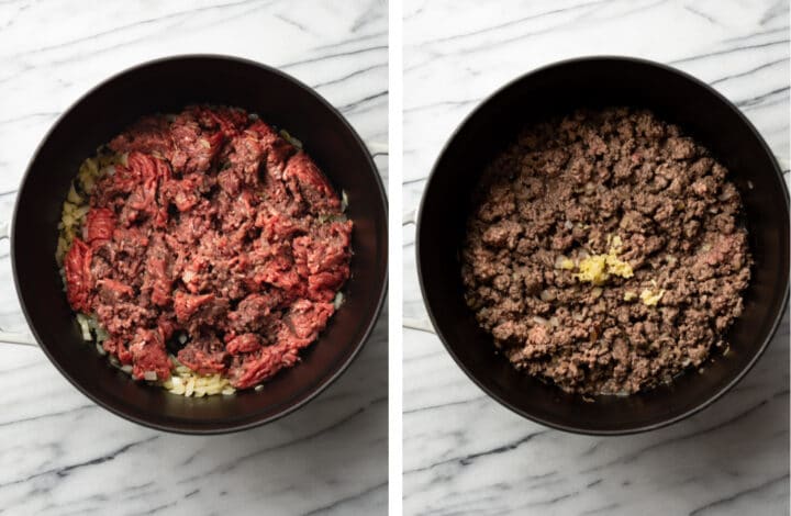 cooking ground beef in a soup pot