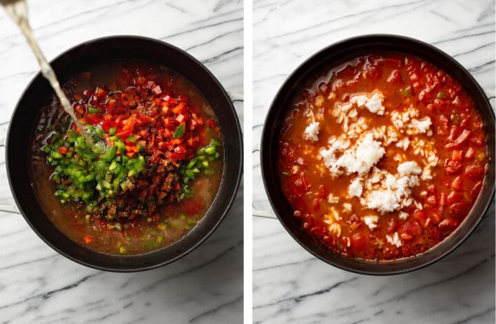 adding in peppers, broth, tomatoes, and rice to stuffed pepper soup