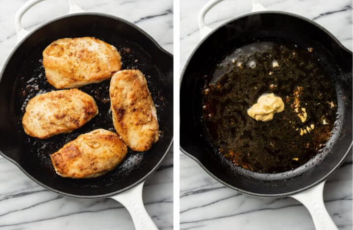 pan frying chicken and making creamy tuscan sauce in a skillet