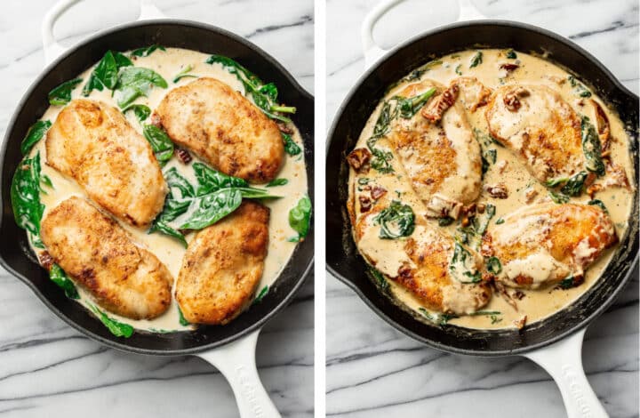 adding cream and spinach and chicken back into a skillet
