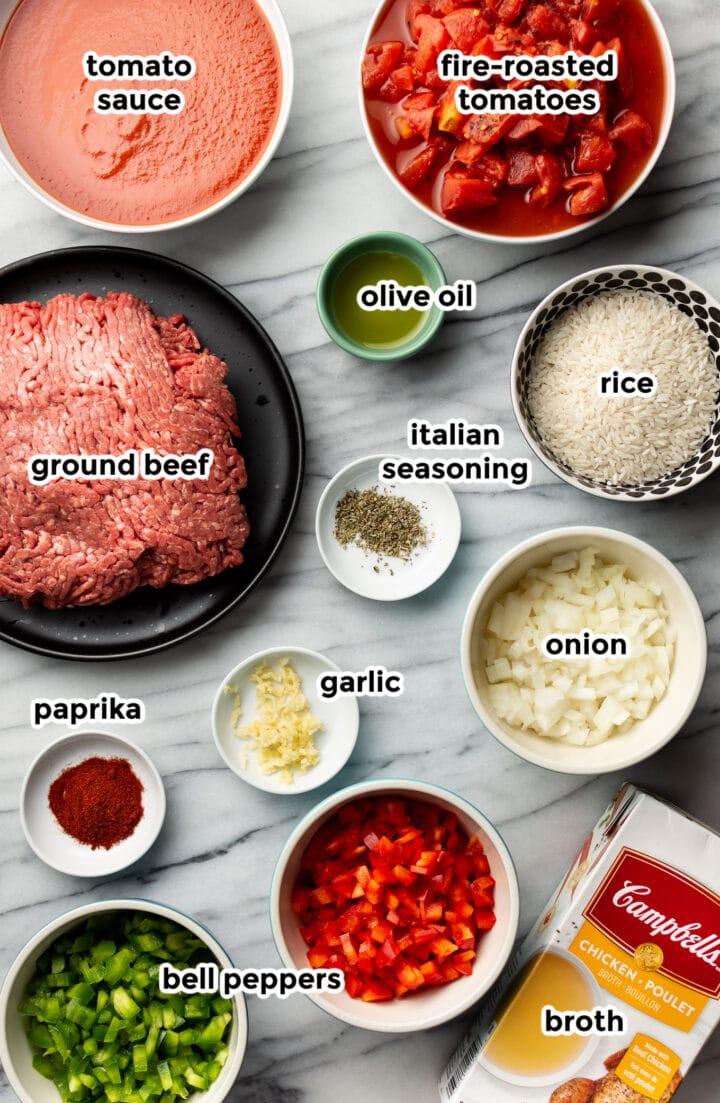 ingredients in small bowls on a marble surface for stuffed pepper soup