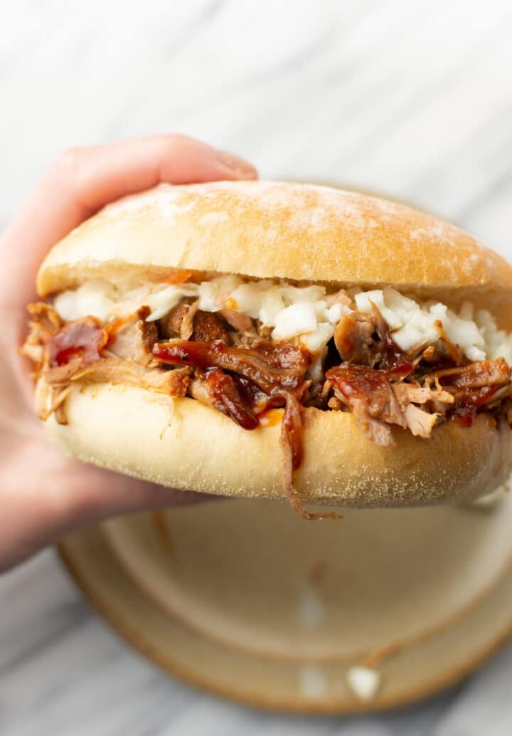 a hand holding a pulled pork sandwich