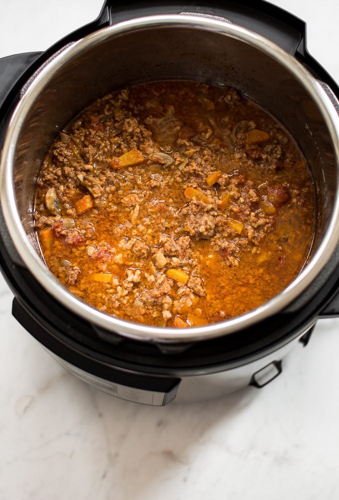 simple tomato and meat spaghetti sauce inside an Instant Pot