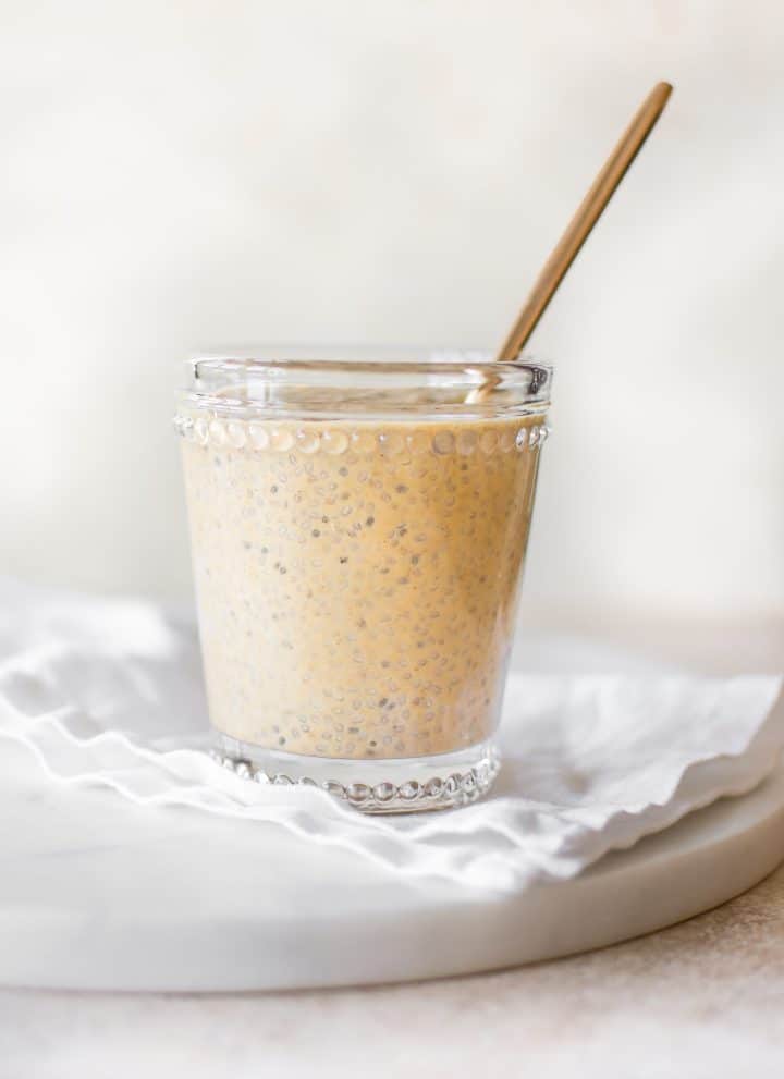 This pumpkin chia pudding recipe is made overnight for easy grab-and-go breakfasts! It's filled with healthy vegan ingredients: almond milk, pumpkin purée, maple syrup, and pure vanilla extract. 