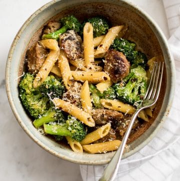 This creamy Italian sausage and broccoli pasta is easy and fast! You can use spicy sausage and chili flakes if you want more kick in this delicious weeknight pasta recipe. Half-and-half makes this recipe more healthy than using heavy cream. 