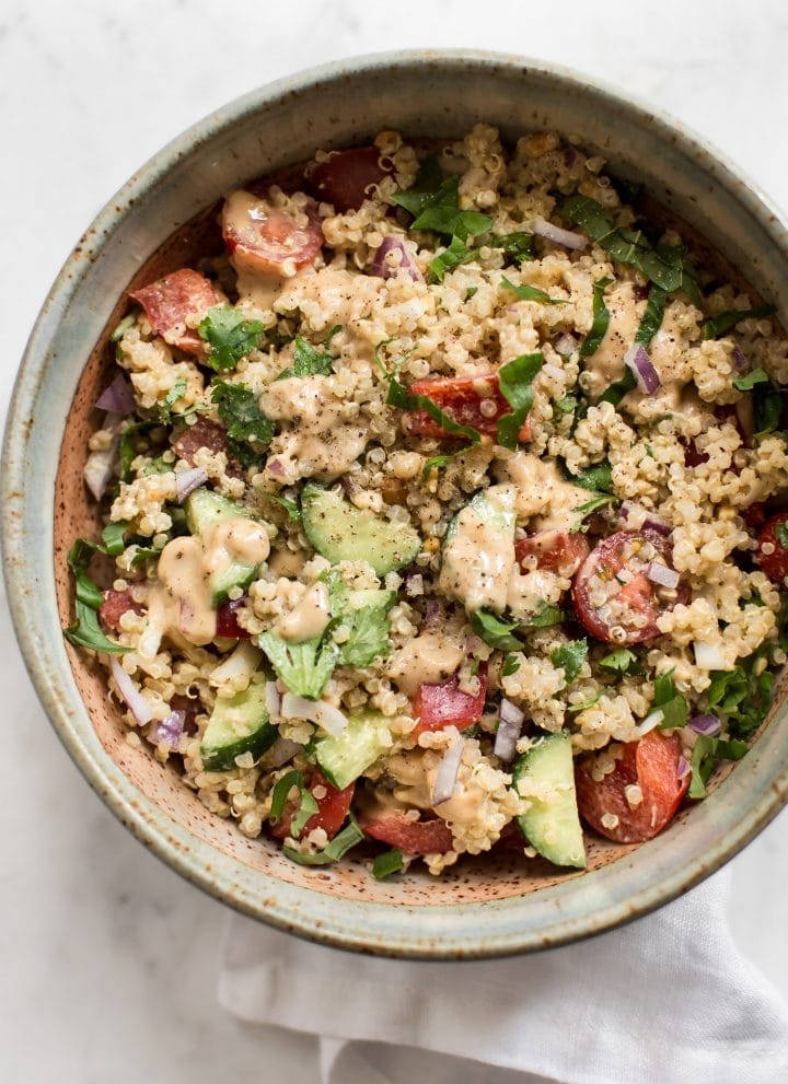 This healthy cold Thai quinoa salad makes a delicious light lunch.  You will love the peanut lime dressing! A great simple vegan/vegetarian salad for meal prep!