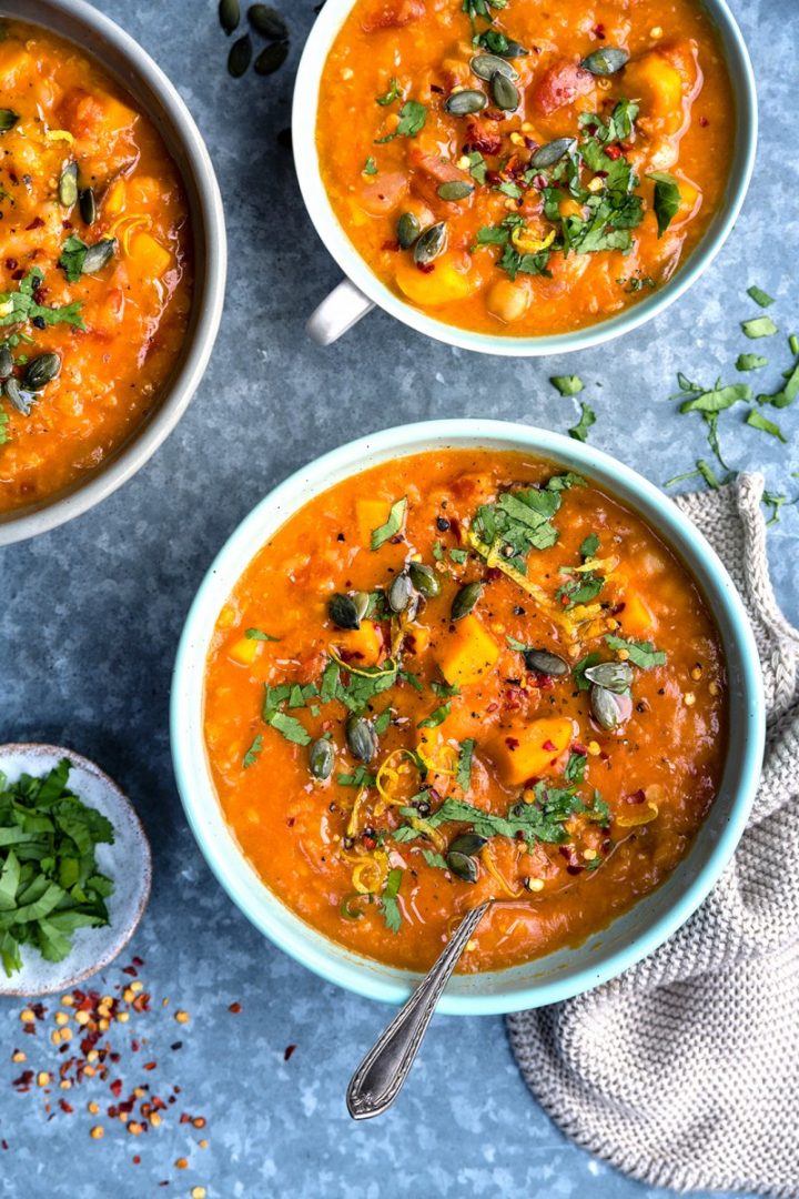 instant pot lentil and sweet potato soup in bowls