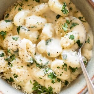 This one pan creamy Alfredo gnocchi recipe makes an awesome side dish or vegetarian main meal. It's easy to make, quick, and that parmesan garlic sauce is addictive!