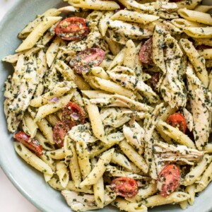 This healthy cold pesto pasta salad with chicken is simple to make and bursting with the fresh taste of basil and tomatoes. 