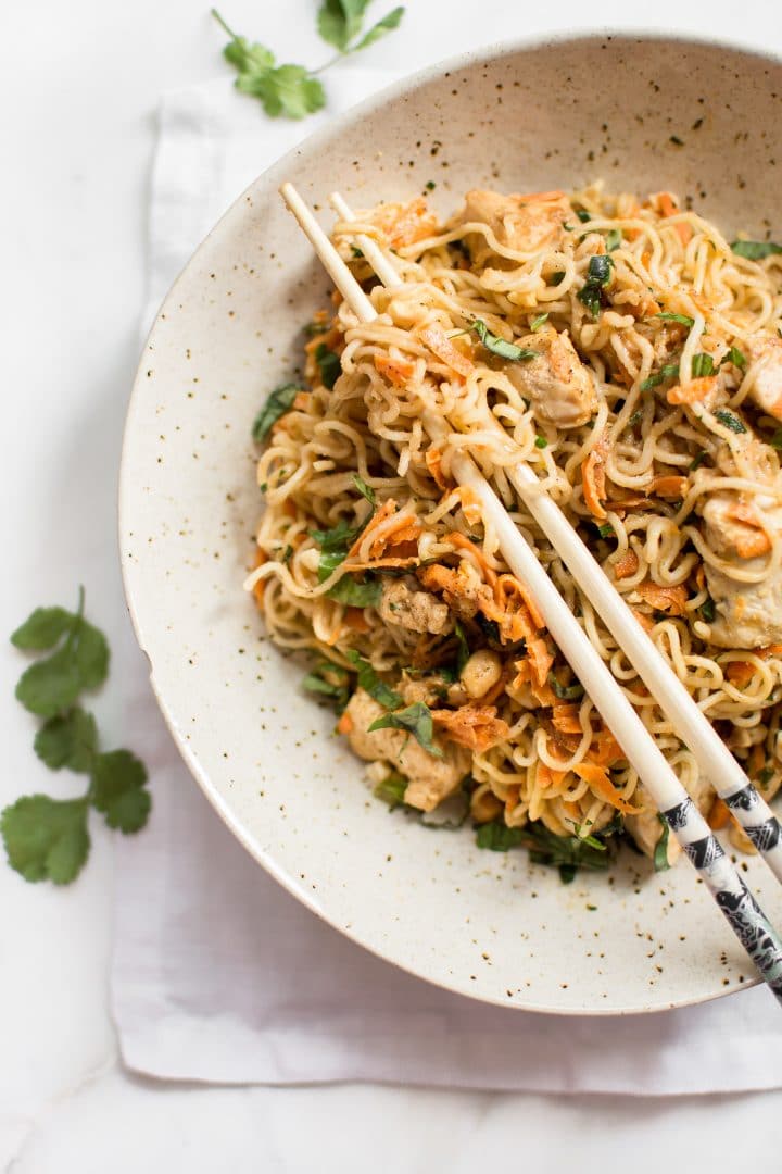 chicken ramen stir fry noodles on chopsticks