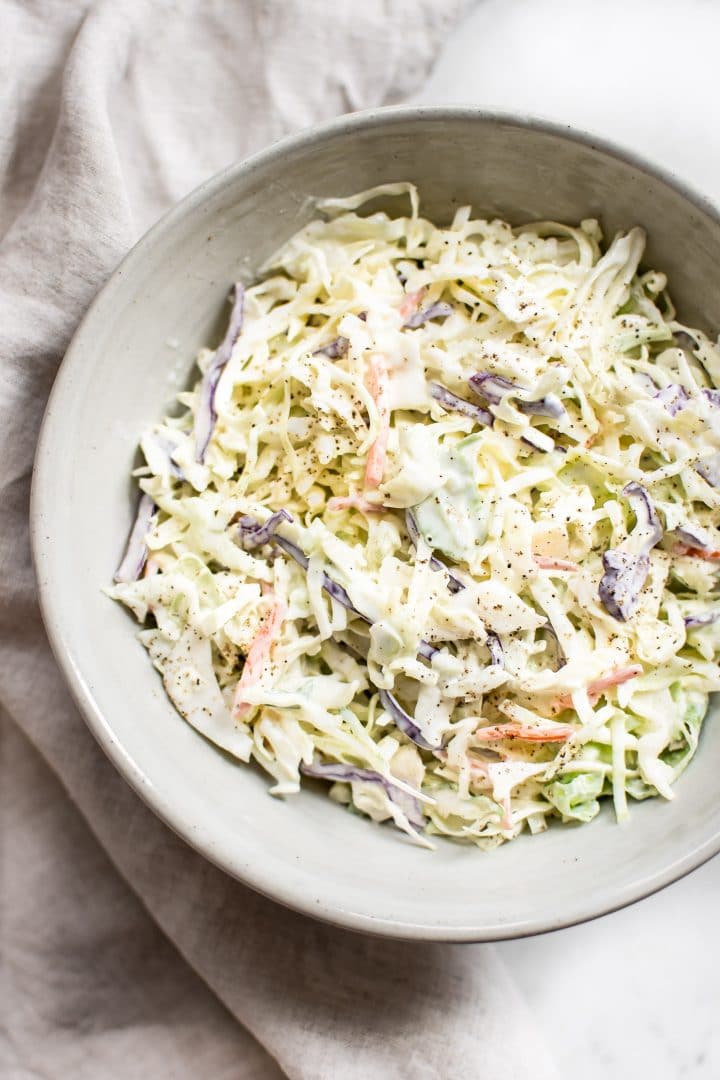 close-up of creamy coleslaw in a bowl