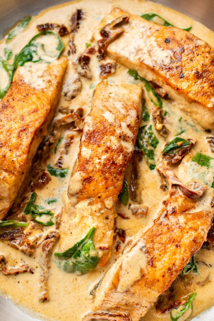 creamy Tuscan garlic salmon close-up