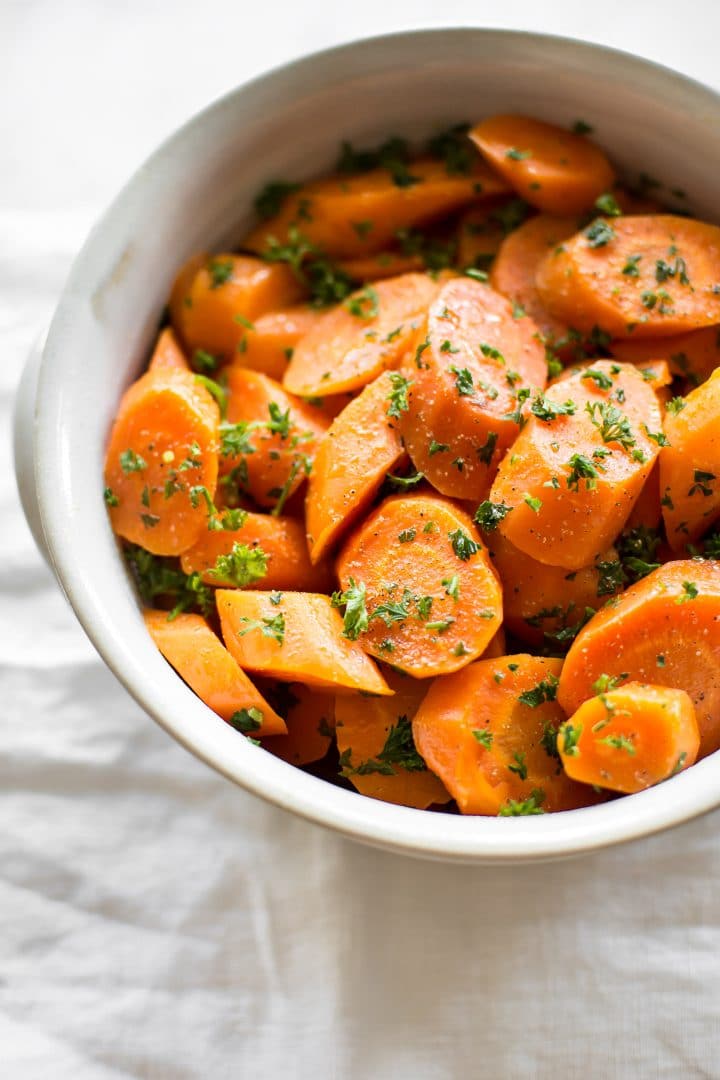 close-up of a side dish bowl with Instant Pot honey butter carrots