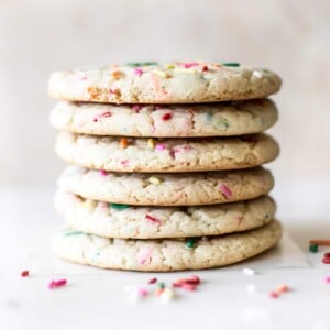 These soft funfetti cookies are made from cake mix, so they're super easy and fast. These are the best simple chewy rainbow sprinkle cookies!