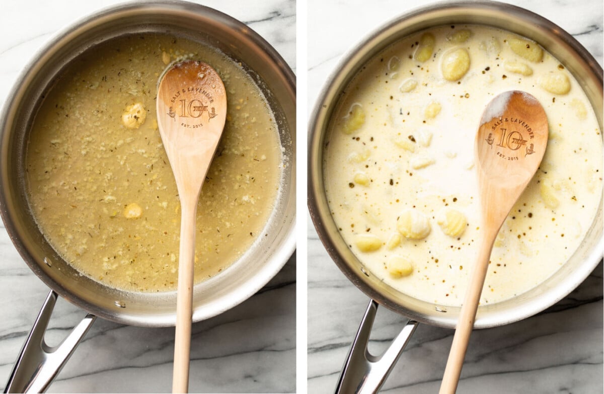 making alfredo sauce in a skillet and stirring in gnocchi