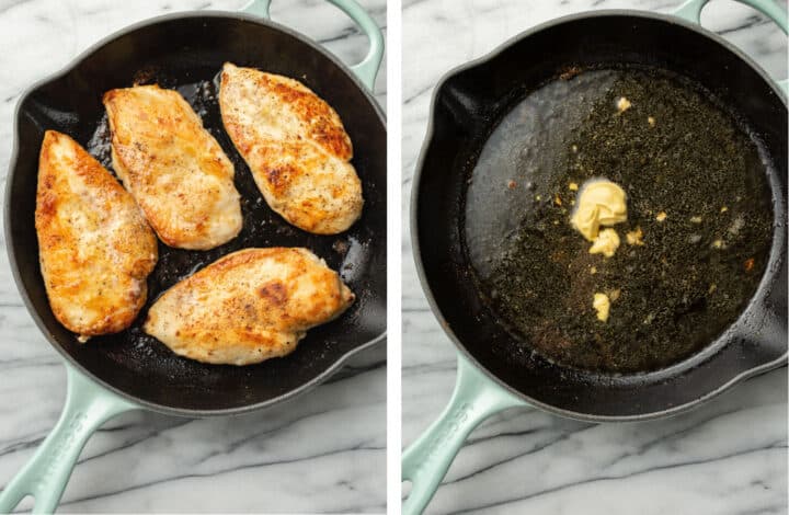 pan frying chicken in a skillet and making herb white wine sauce