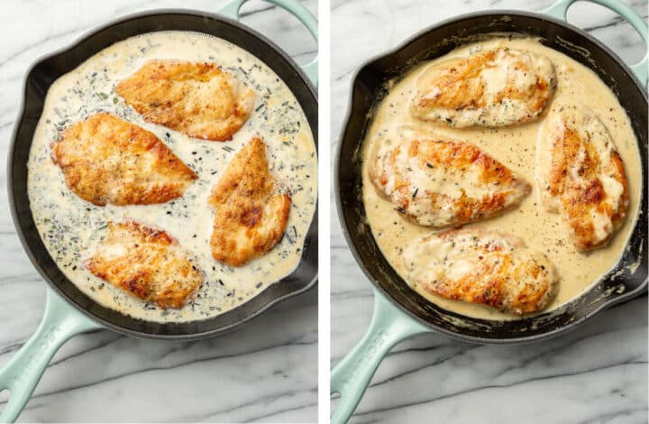 returning chicken to a skillet and cooking it through in creamy herb sauce