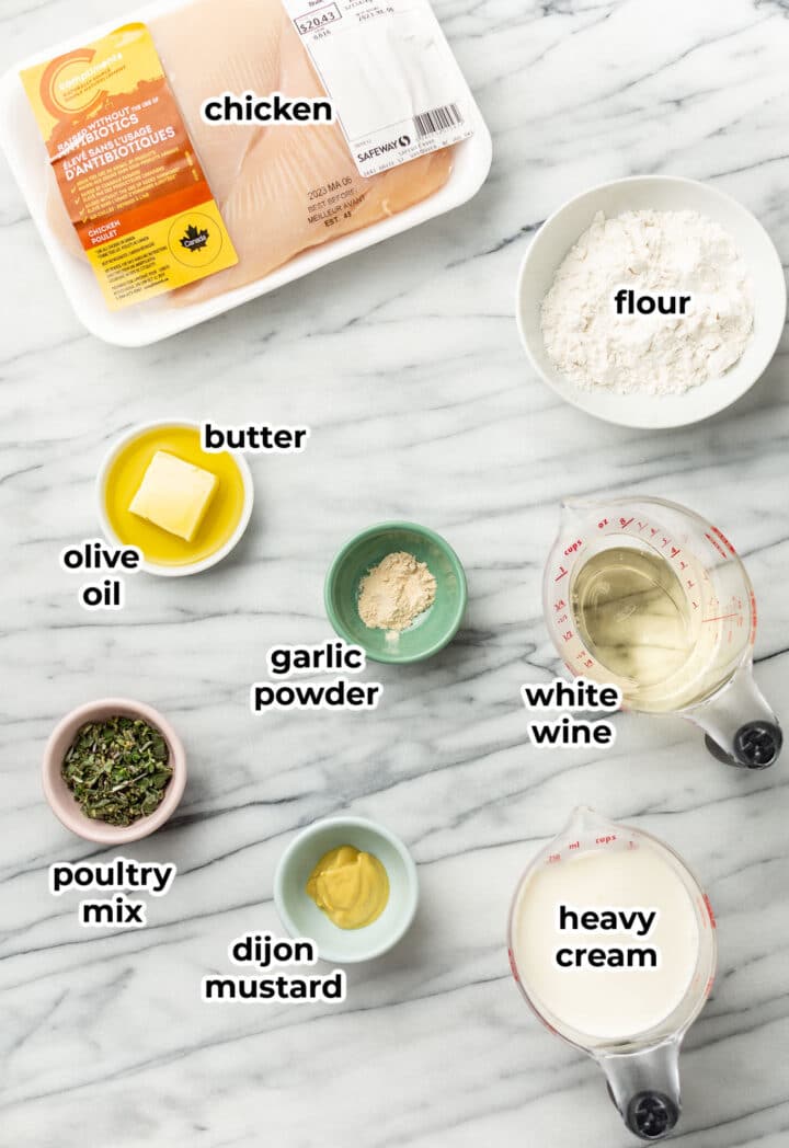 ingredients for creamy herb chicken in prep bowls