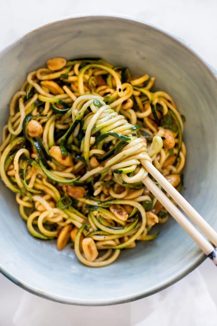 spicy kung pao zoodles on chopsticks