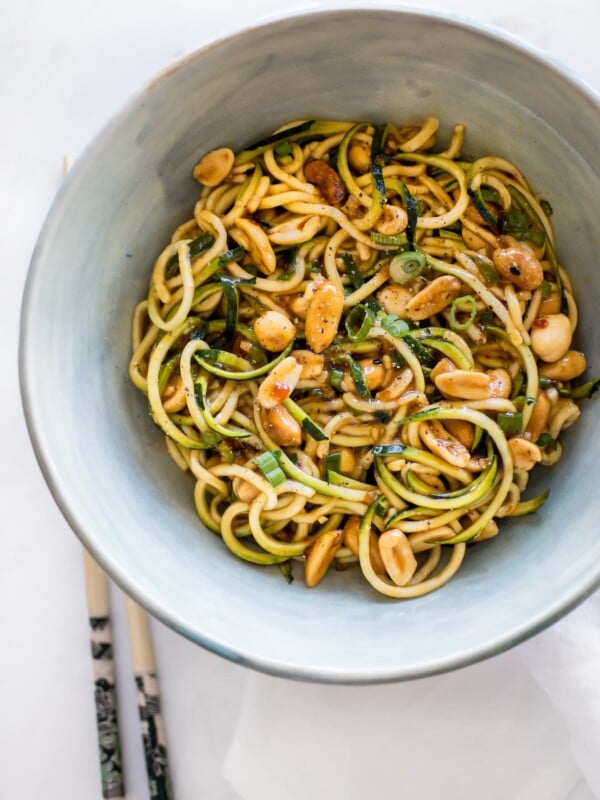 These low-carb Kung Pao zoodles are a healthy stir fry recipe that's ready in 15 minutes. You will love how the spicy sauce coats the zucchini noodles and peanuts in amazing flavor. 
