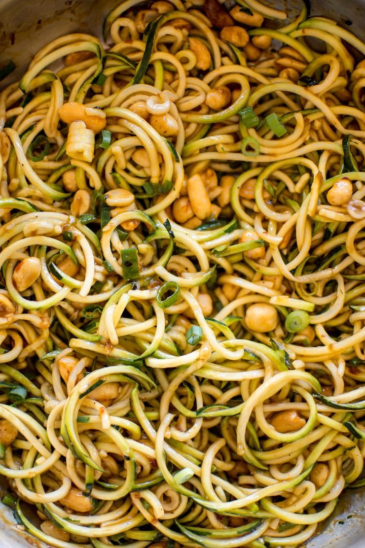 close-up of kung pao zoodles stir fry