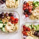 These simple, healthy, and delicious Mediterranean vegan meal prep bowls have quinoa, chickpeas, hummus, and an assortment of veggies. Easily prepare meals for the week with this recipe! Makes a tasty clean eating lunch or dinner.