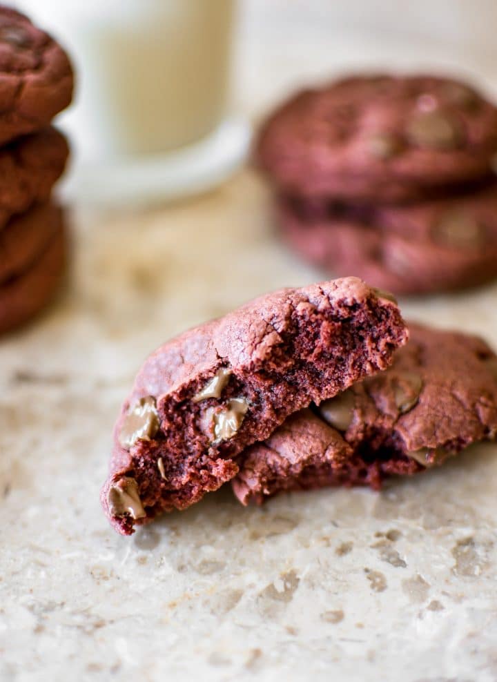 easy red velvet cake cookie broken in half close-up