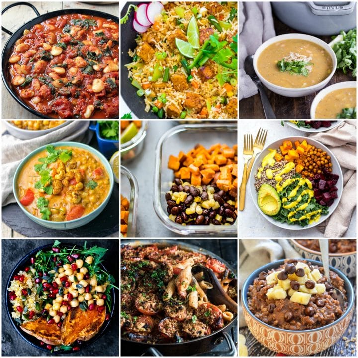 collage with photos from 30 plant-based vegan meal prep ideas roundup