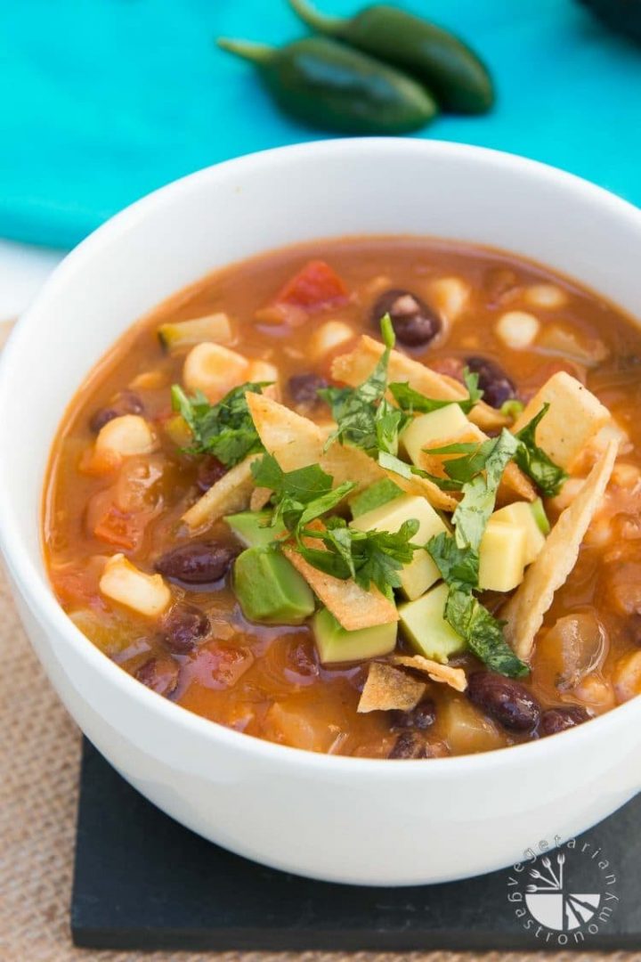 white bowl with vegan tortilla soup