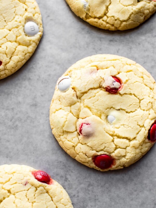 Easy and delicious Canada Day cookies made with cake mix and red and white M&Ms!